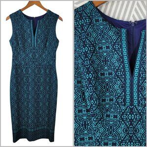 Adorne Sheath Dress size 10 Event Knee Length Teal Blue Geometric Stretch Womens
